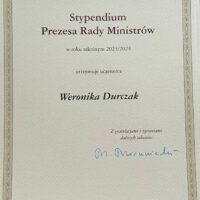 Stypendium Prezesa Rady Ministrów otrzymuje Weronika Durczak