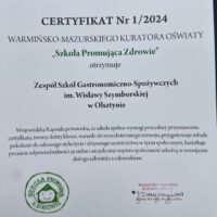 Certyfikat Warmińsko-Mazurskiego Kuratora Oświaty Szkoła Promująca Zdrowie