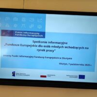 Spotkanie informacyjne i slajd przedstawiający temat spotkania