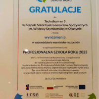 Wyróżnienie Profesjonalna Szkoła Roku 2025 w województwie warmińsko-mazurskim